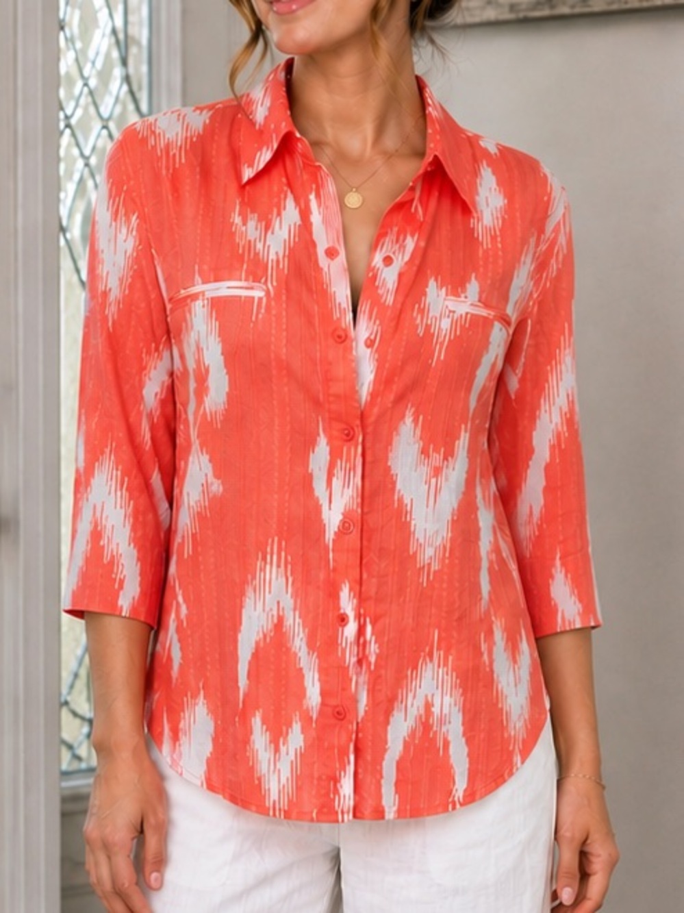 Chico’s Coral/Orange Ikat Print Button Front Blouse Size 3 (XL)